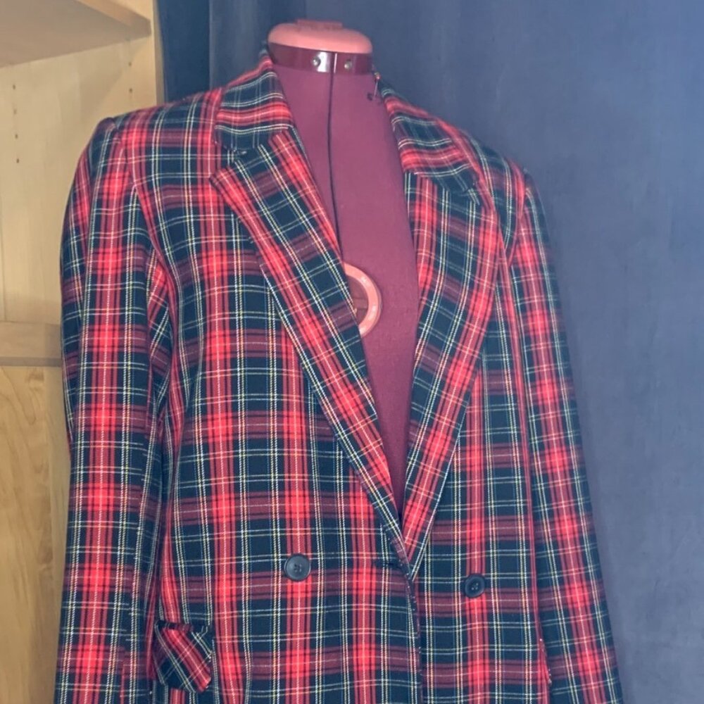 twik Red and Black Plaid Double-Breasted Blazer